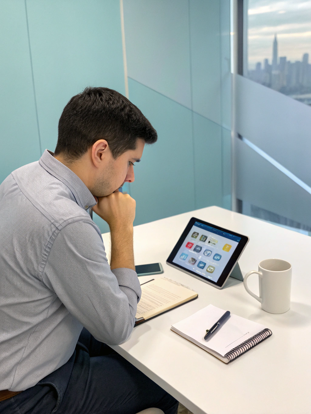 Thoughtful analyst reviewing mobile apps